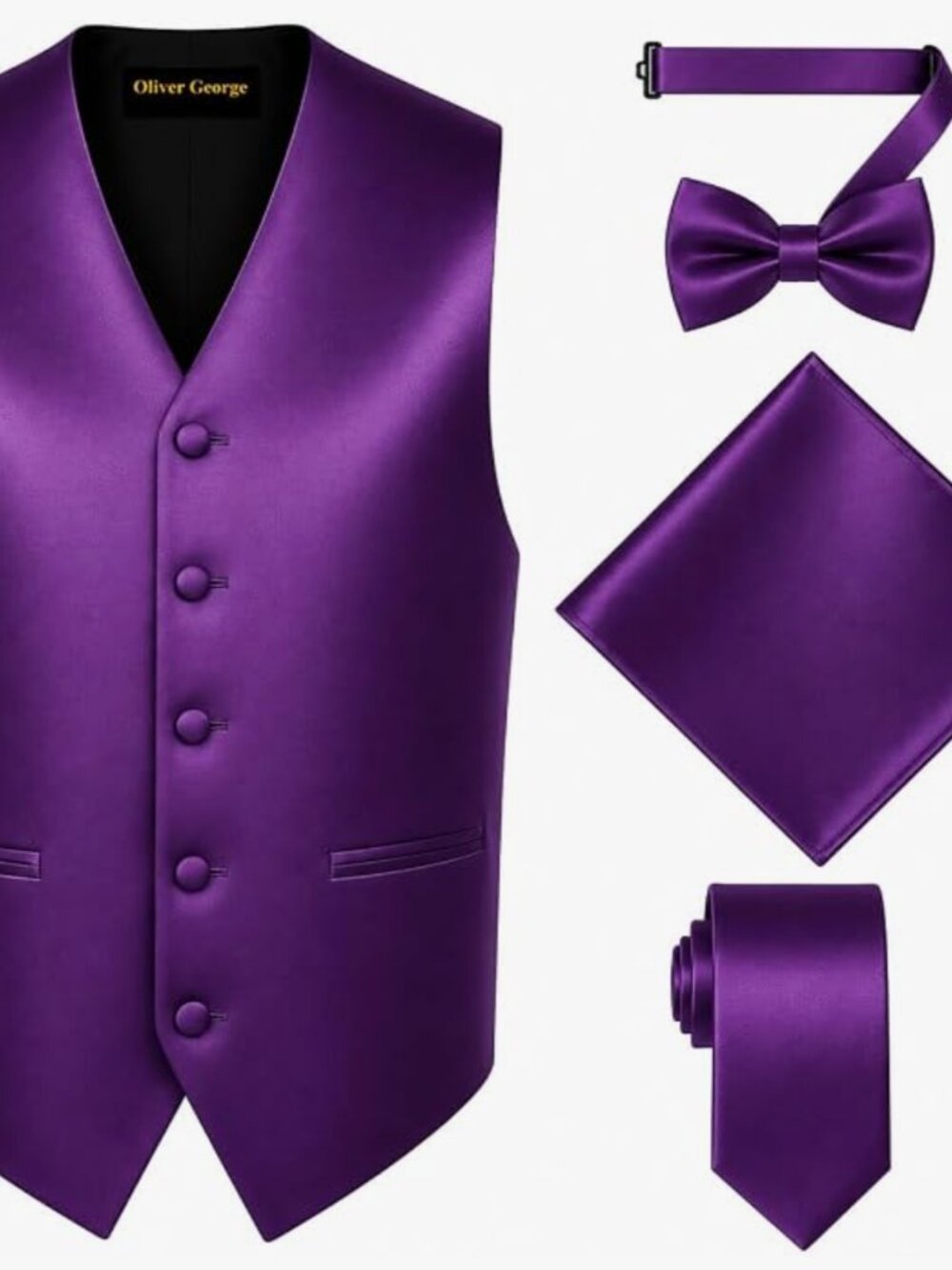 Oliver George 4pc Men's Solid Formal Suit Waistcoat Tuxedo Dress Vest Necktie Bo